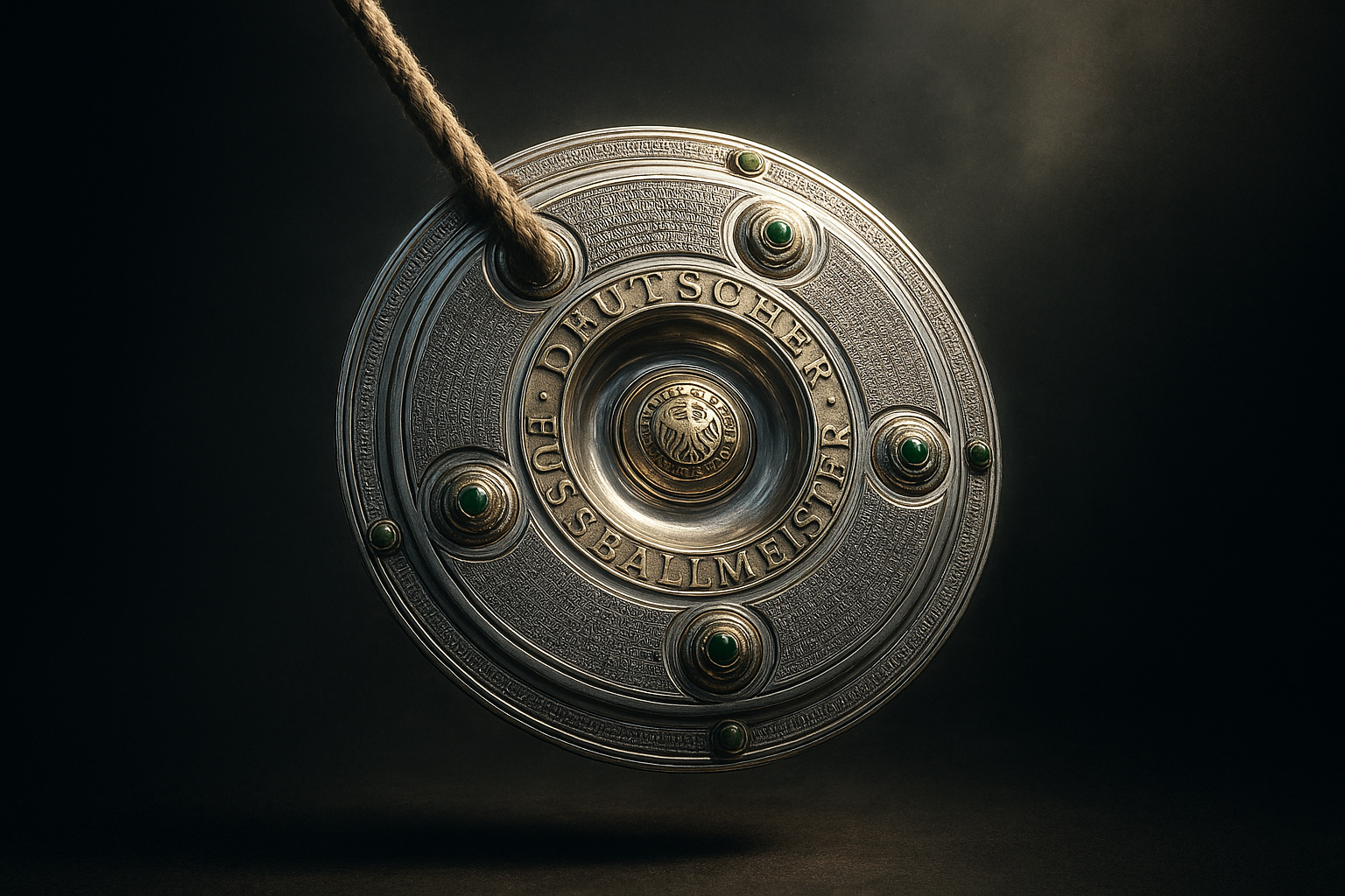 Grafische Darstellung der Bundesliga-Tabelle mit den Logos von Bayern München, Leverkusen und Stuttgart im Wettstreit um die Meisterschale.